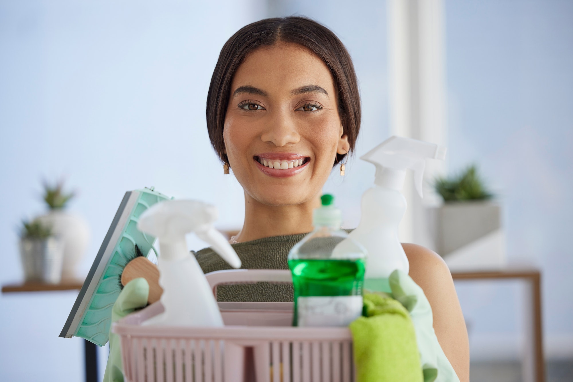 Cleaning supplies, happy portrait and woman, housekeeping, cleaning service and maintenance in home