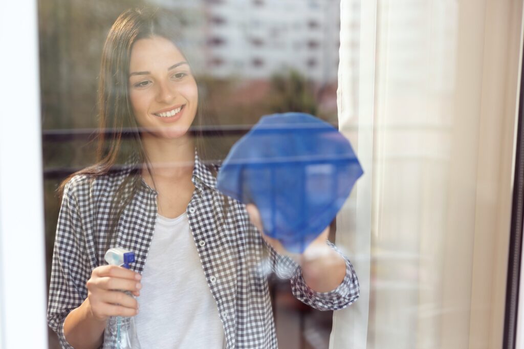 Young woman cleaning windows