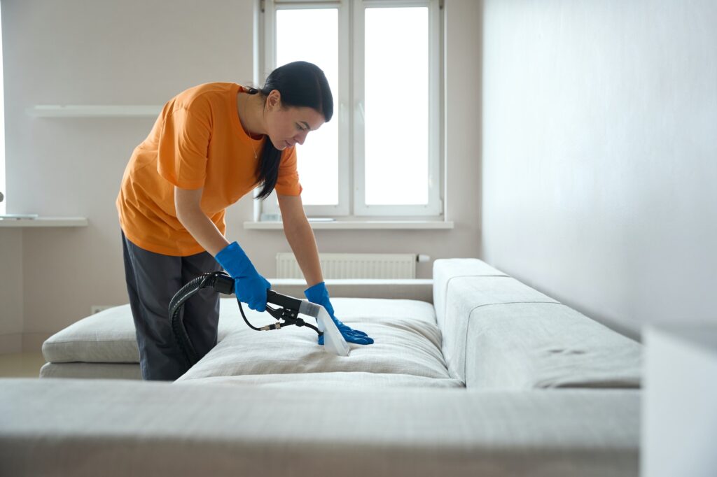 Woman from cleaning the sofa in apartment